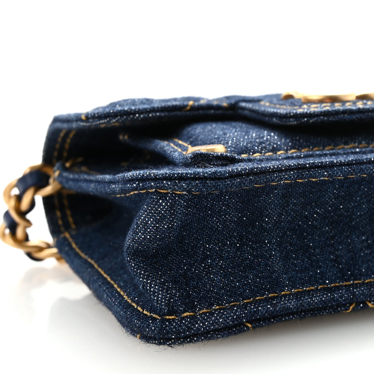 Chanel Denim Quilted Double You Card Holder On Chain Blue