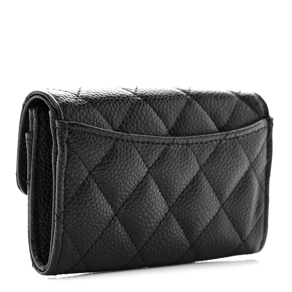 Caviar Quilted Flap Card Holder Wallet Black
