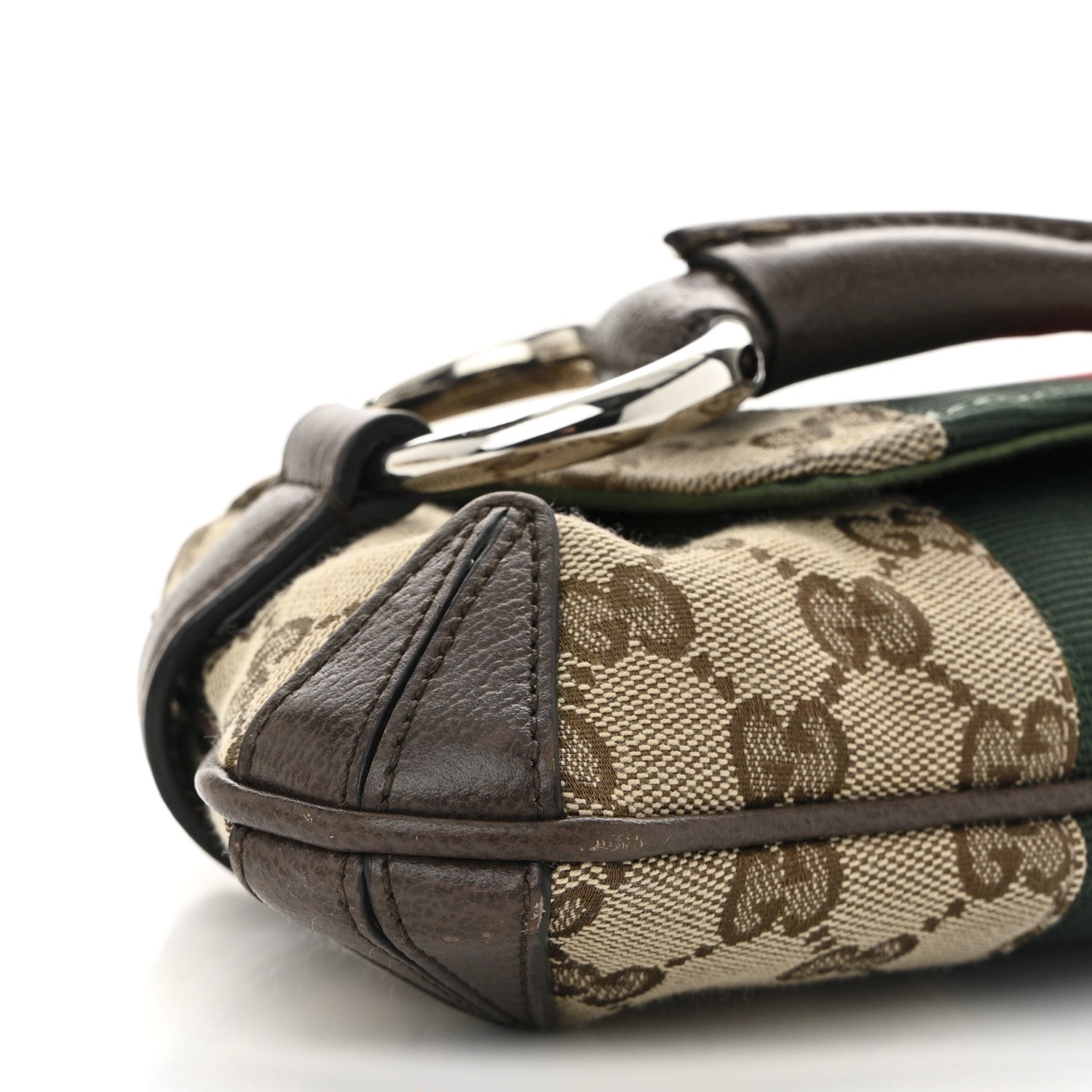Gucci Monogram Textured Dollar Calfskin Heavy Grosgrain Web Medium Maxi Horsebit Chain Shoulder Bag Beige Ebony New Acero
