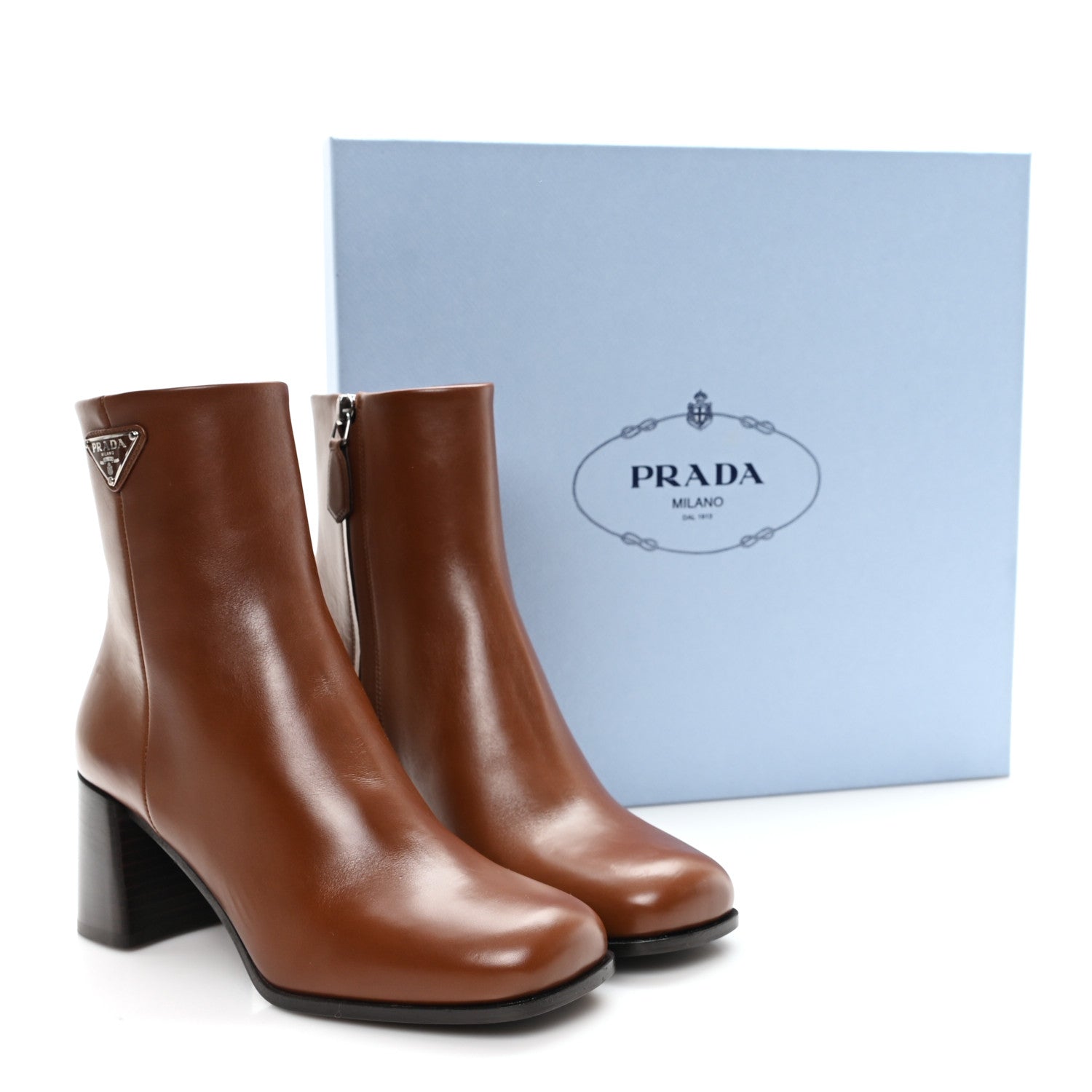Prada Vitello Triangle Ankle Boots 36.5 Cognac