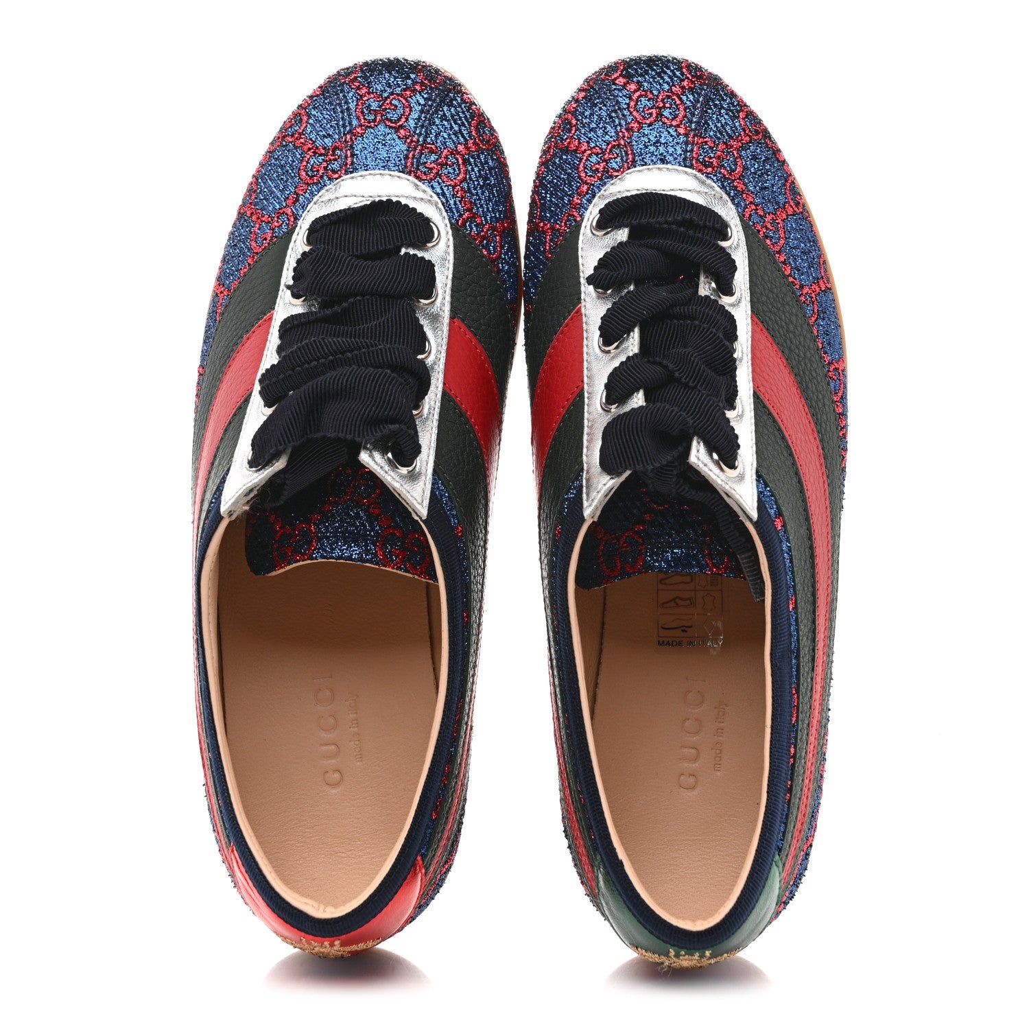 Gucci Lurex Calfskin Web GG Monogram Womens Falacer Sneakers 35.5 Iridescent Blue Iridescent Red Silver