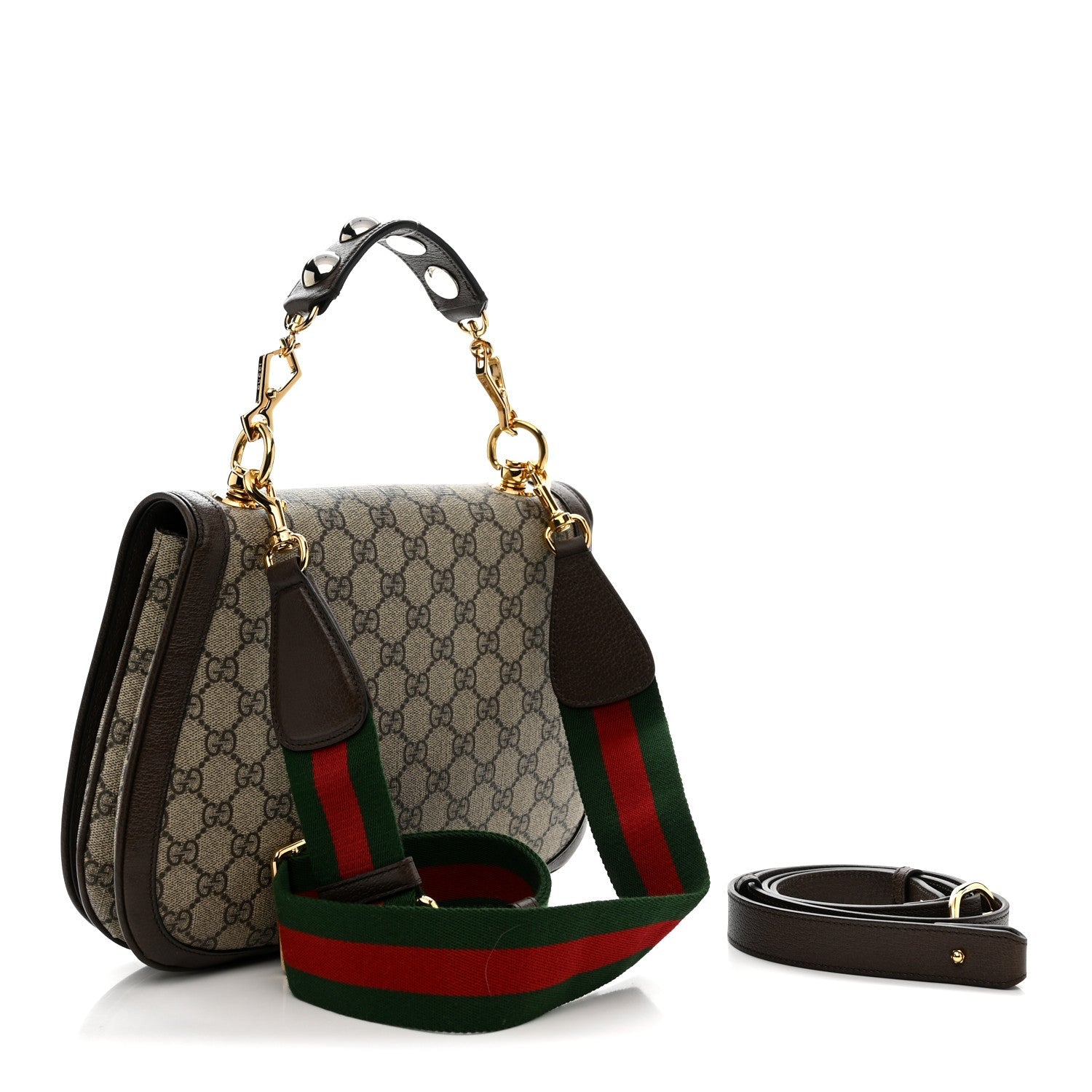 Gucci GG Supreme Monogram Textured Dollar Calfskin Web Medium Blondie Top Handle Shoulder Flap Bag Beige Ebony New Acero