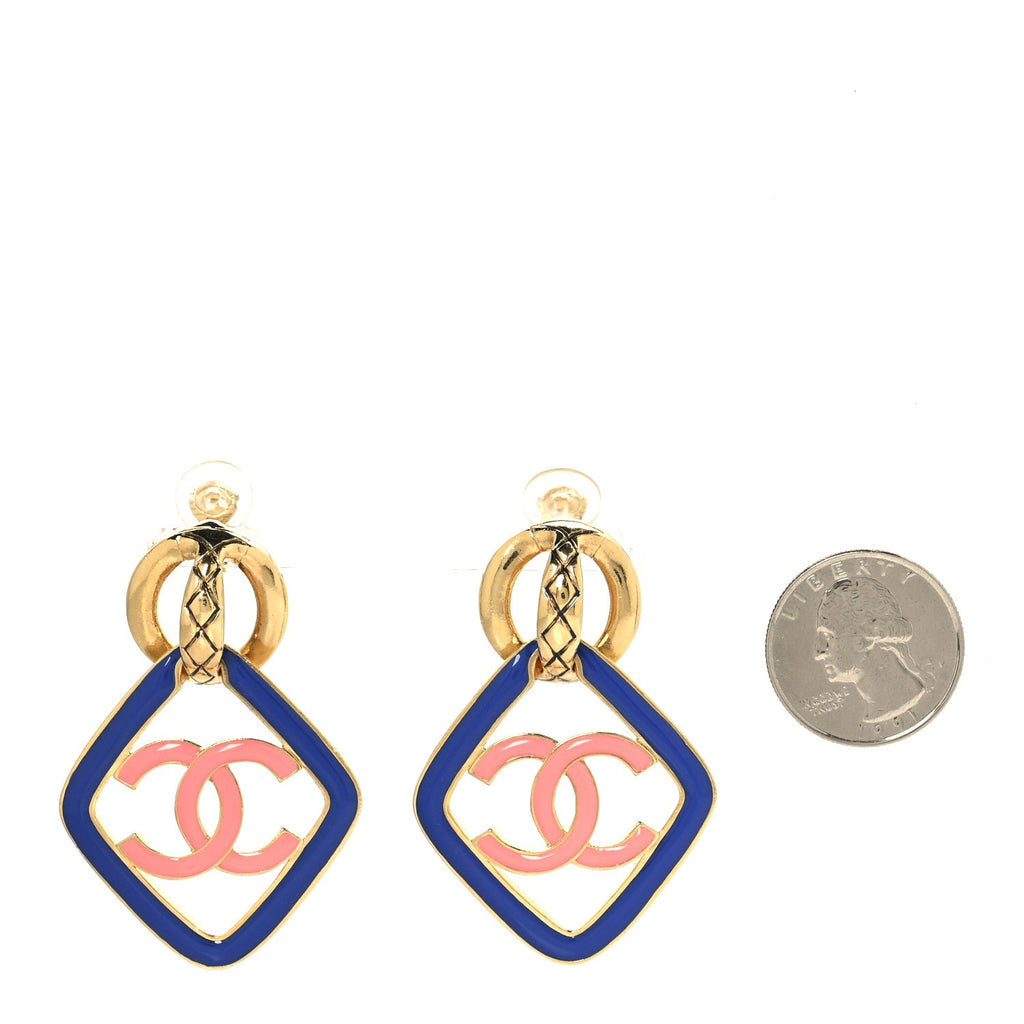 Metal Enamel Quilted CC Drop Earrings Gold Blue Pink