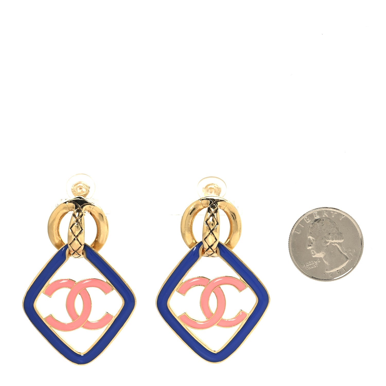Metal Enamel Quilted CC Drop Earrings Gold Blue Pink