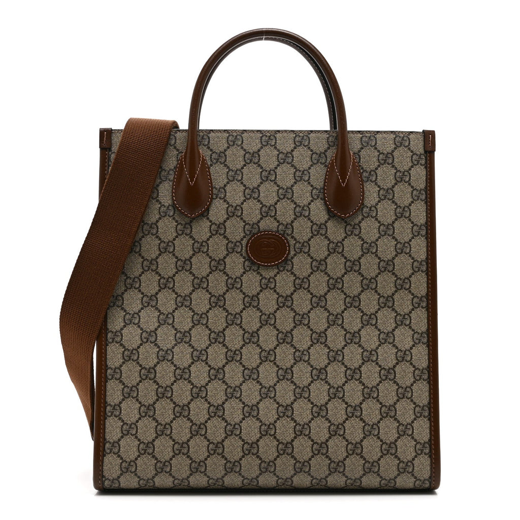 Gucci GG Supreme Monogram Textured Dollar Calfskin Web Small Retro Interlocking G Vertical Tote Bag Beige Ebony Brown Sugar