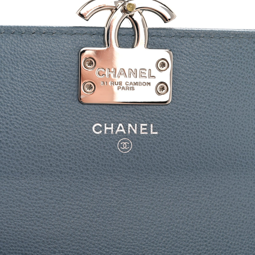 Grained Calfskin Quilted CC Box Flap Wallet Blue