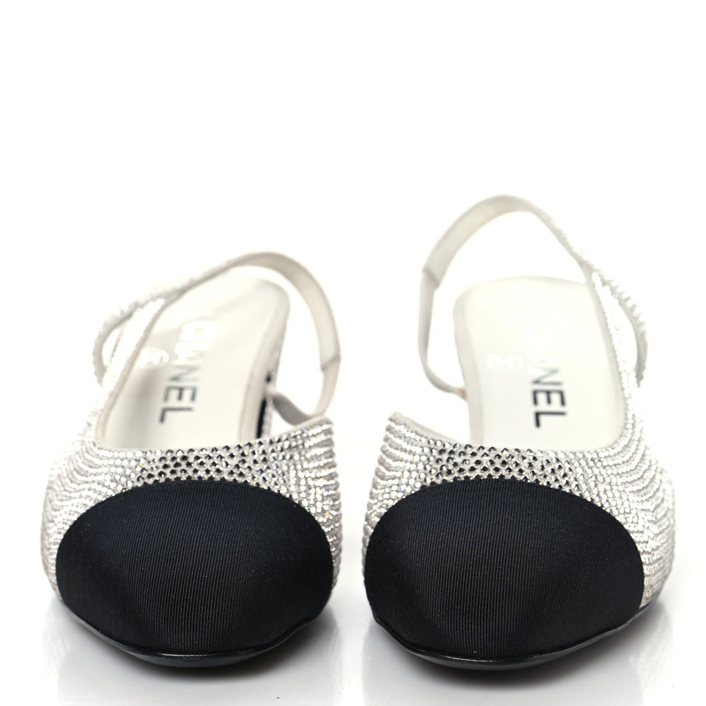 Chanel Strass Grosgrain Cap Toe CC Slingback Pumps 36 Silver Black