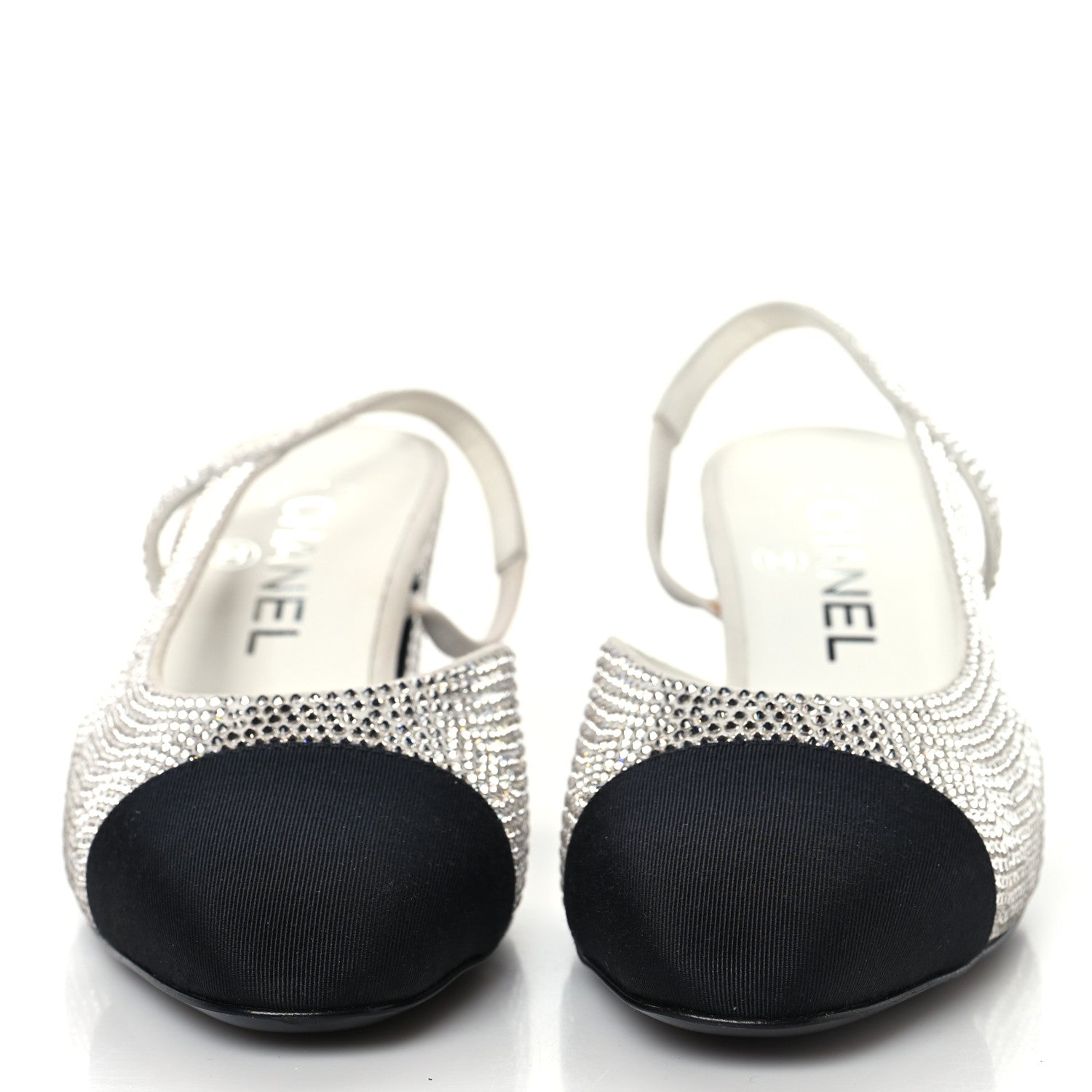 Chanel Strass Grosgrain Cap Toe CC Slingback Pumps 36 Silver Black
