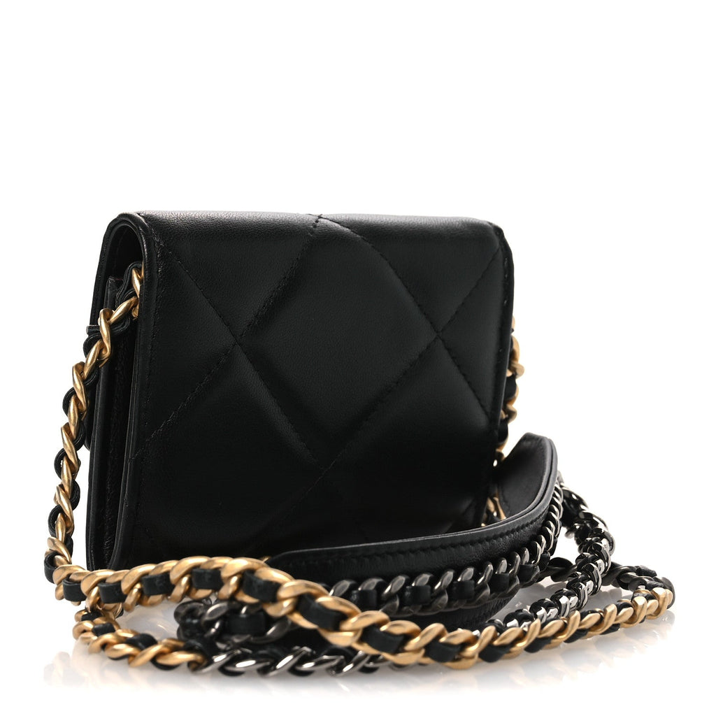 Chanel Lambskin Quilted Chanel 19 Flap Coin Purse With Chain Black