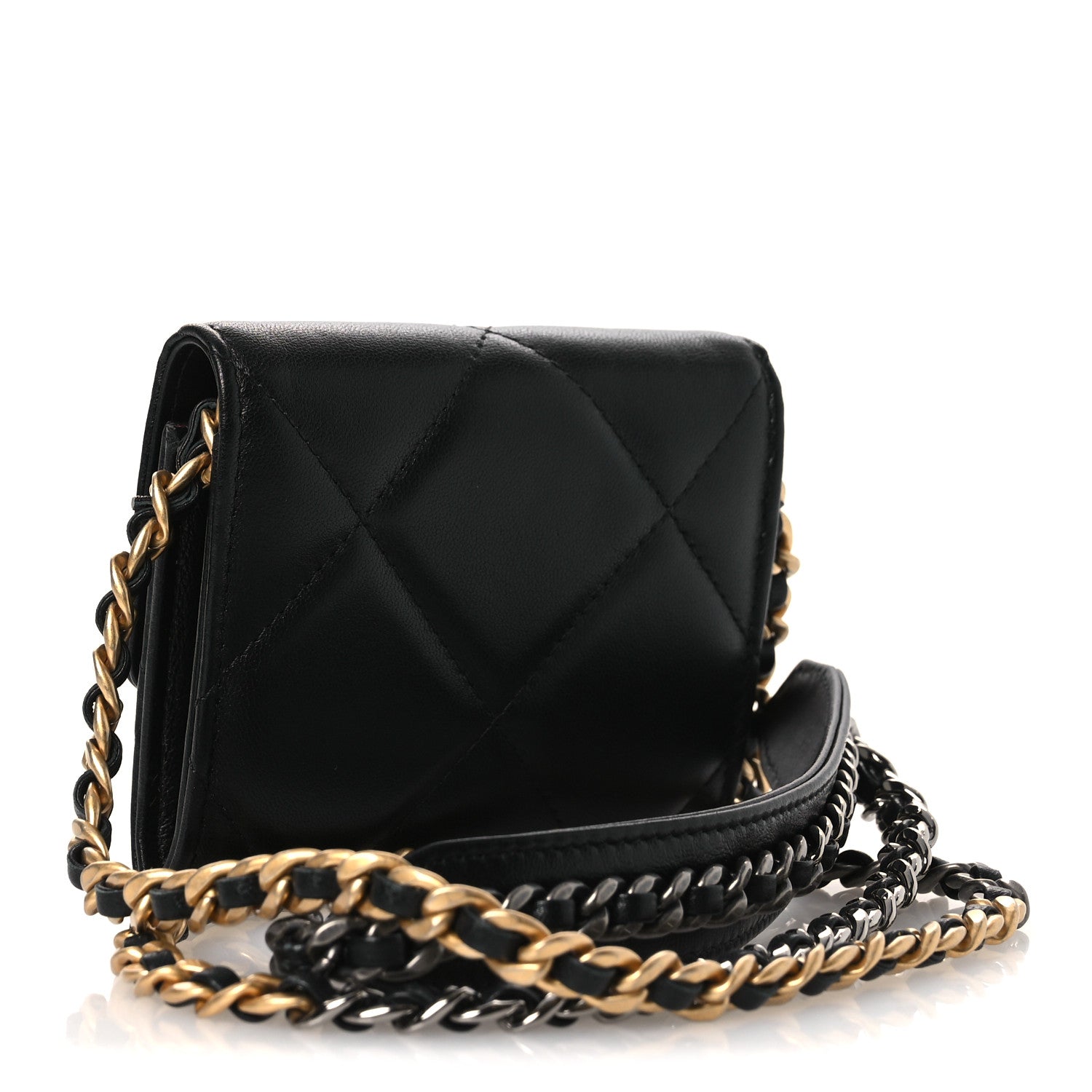 Chanel Lambskin Quilted Chanel 19 Flap Coin Purse With Chain Black