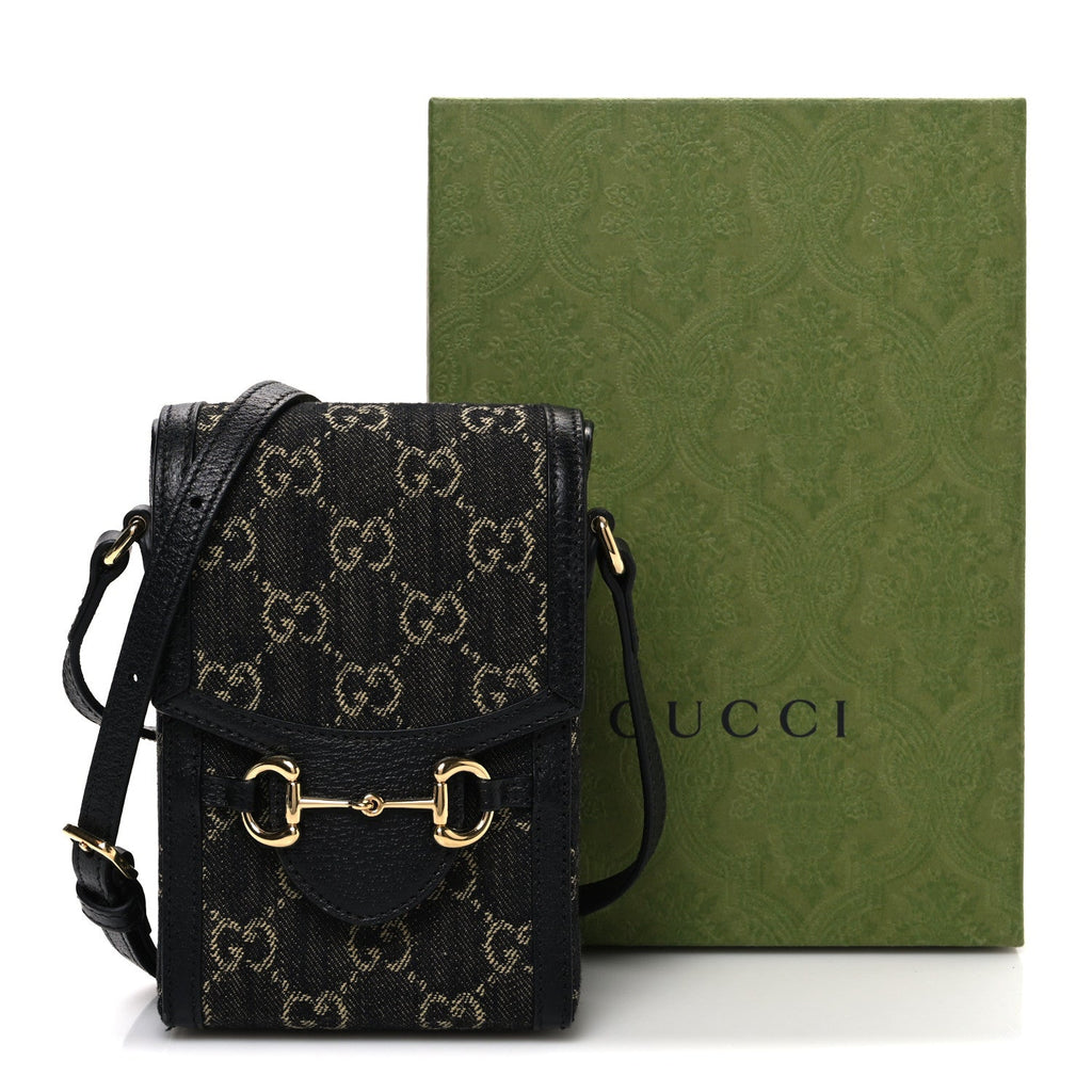 Gucci Jacquard Black Denim GG Monogram Textured Dollar Calfskin Mini Horsebit 1955 Crossbody Bag Black Ivory