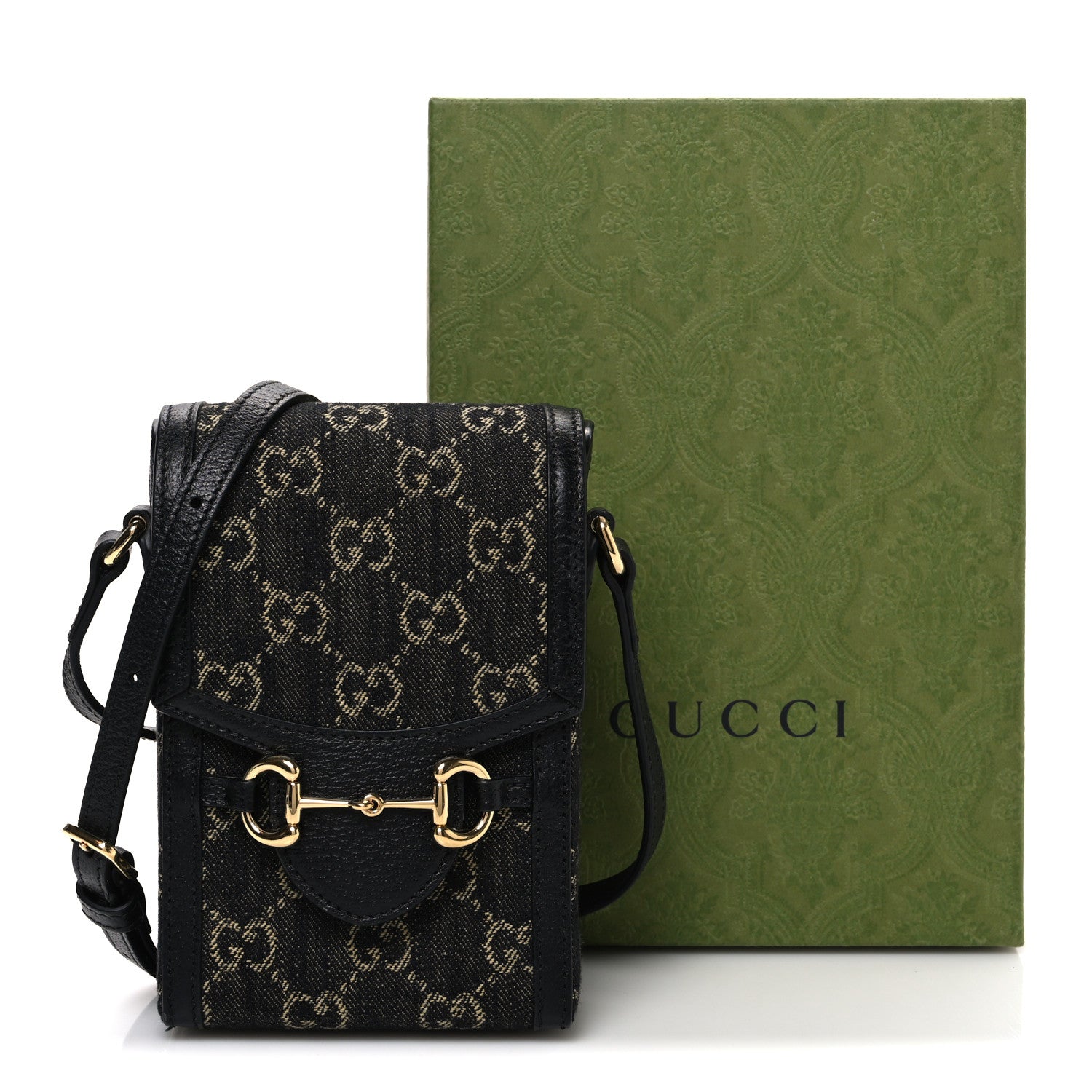 Gucci Jacquard Black Denim GG Monogram Textured Dollar Calfskin Mini Horsebit 1955 Crossbody Bag Black Ivory