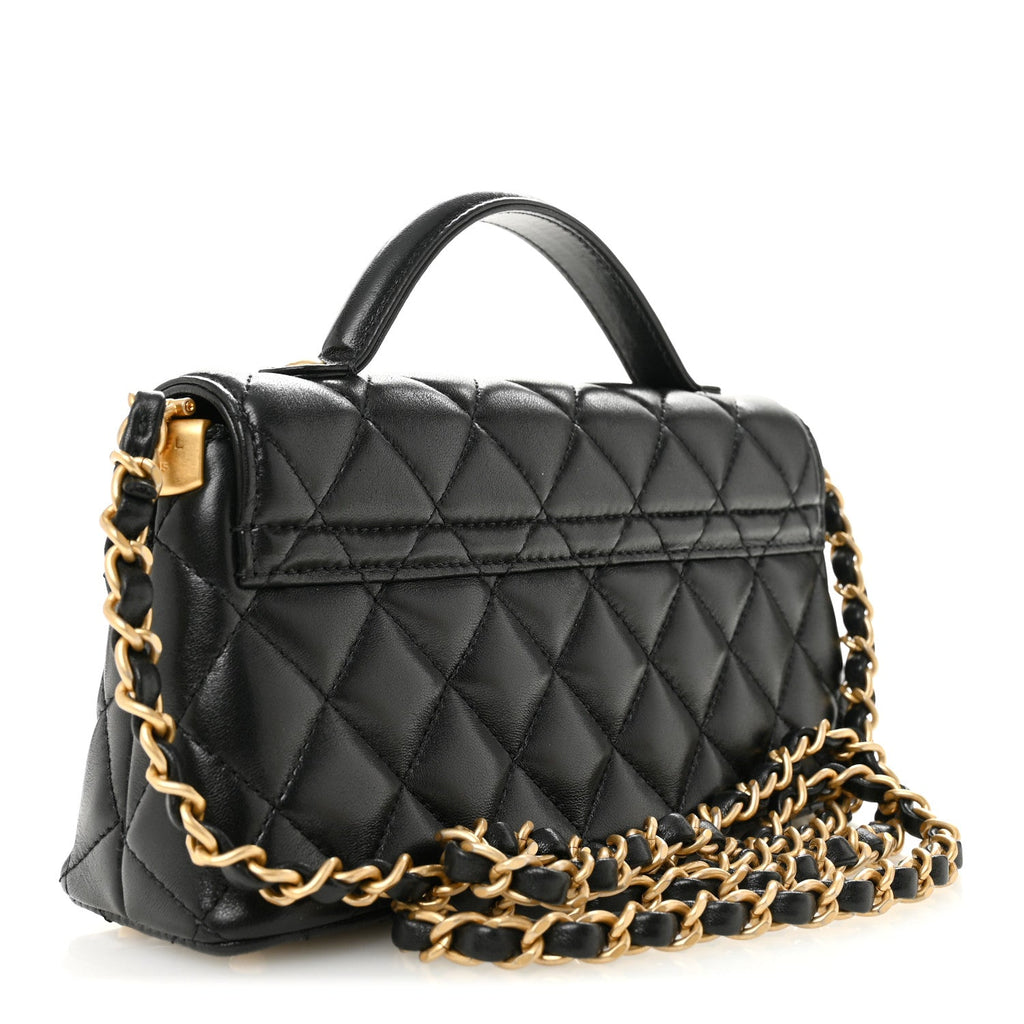 Chanel Lambskin Quilted Mini Flap Top Handle Bag Black
