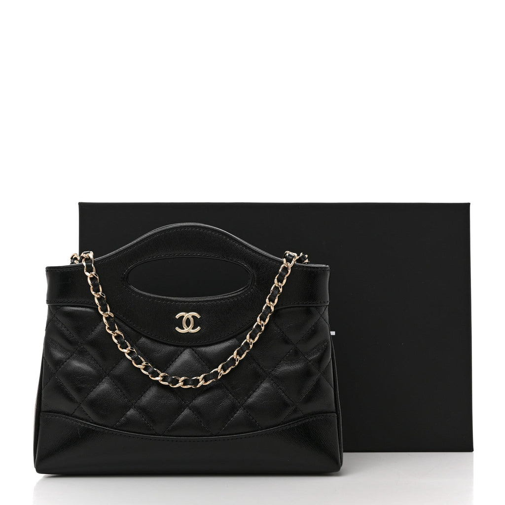 Chanel Shiny Crumpled Calfskin Quilted Nano 31 Shopping Bag Black
