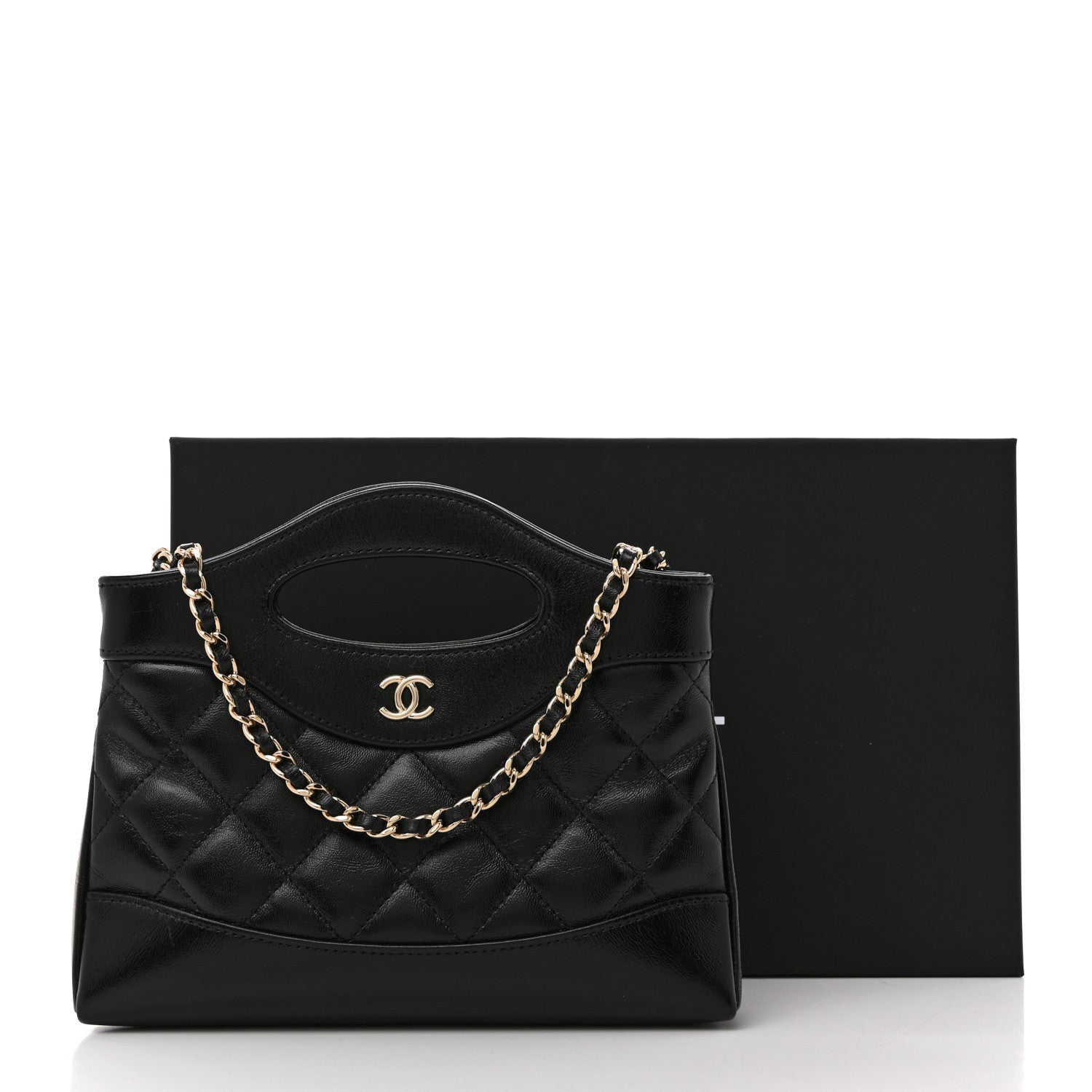 Chanel Shiny Crumpled Calfskin Quilted Nano 31 Shopping Bag Black