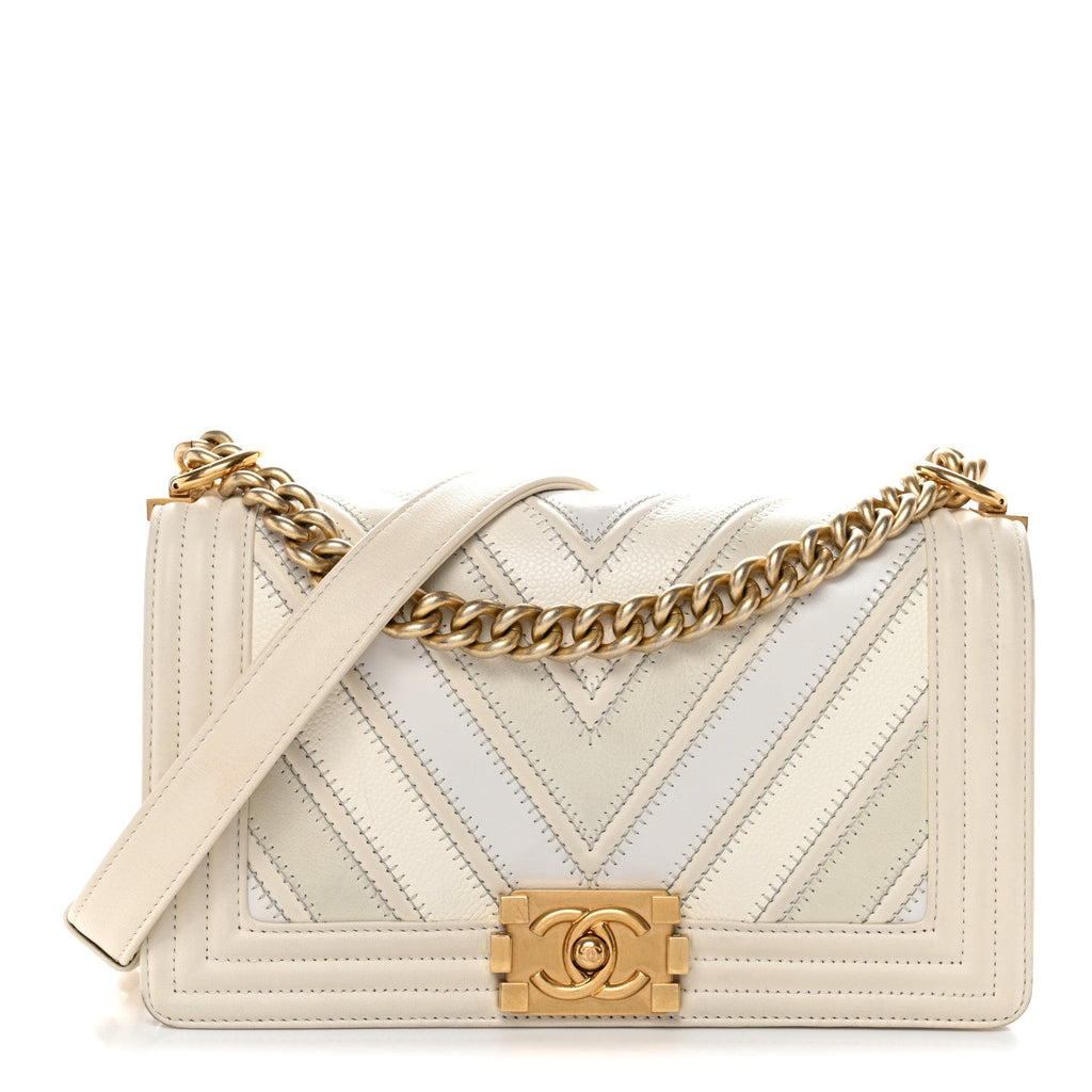 Chanel Caviar Suede Calfskin Chevron Medium Boy Flap White