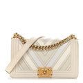 Chanel Caviar Suede Calfskin Chevron Medium Boy Flap White