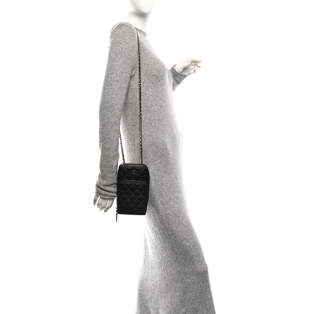 Chanel Caviar Quilted Phone Holder With Chain Black