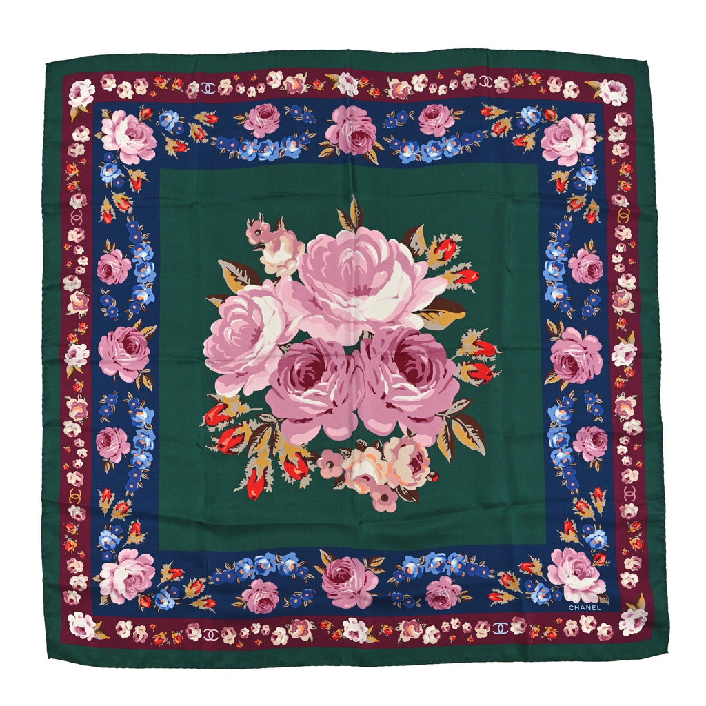 Chanel Silk CC Floral Square Scarf Green Multicolor