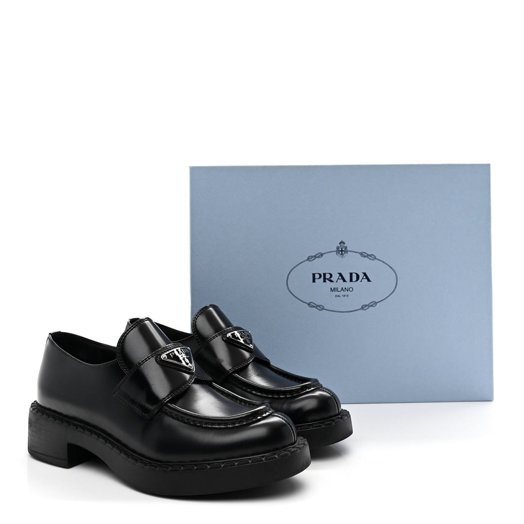 Prada Spazzolato Metal Triangle Logo 50mm Loafers 36 Black