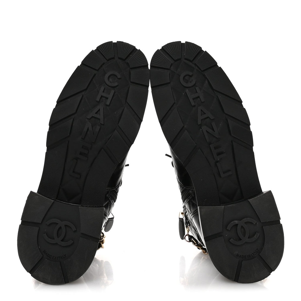 Chanel Shiny Calfskin Patent Quilted Chain Lace Up Combat Boots 40.5 Black