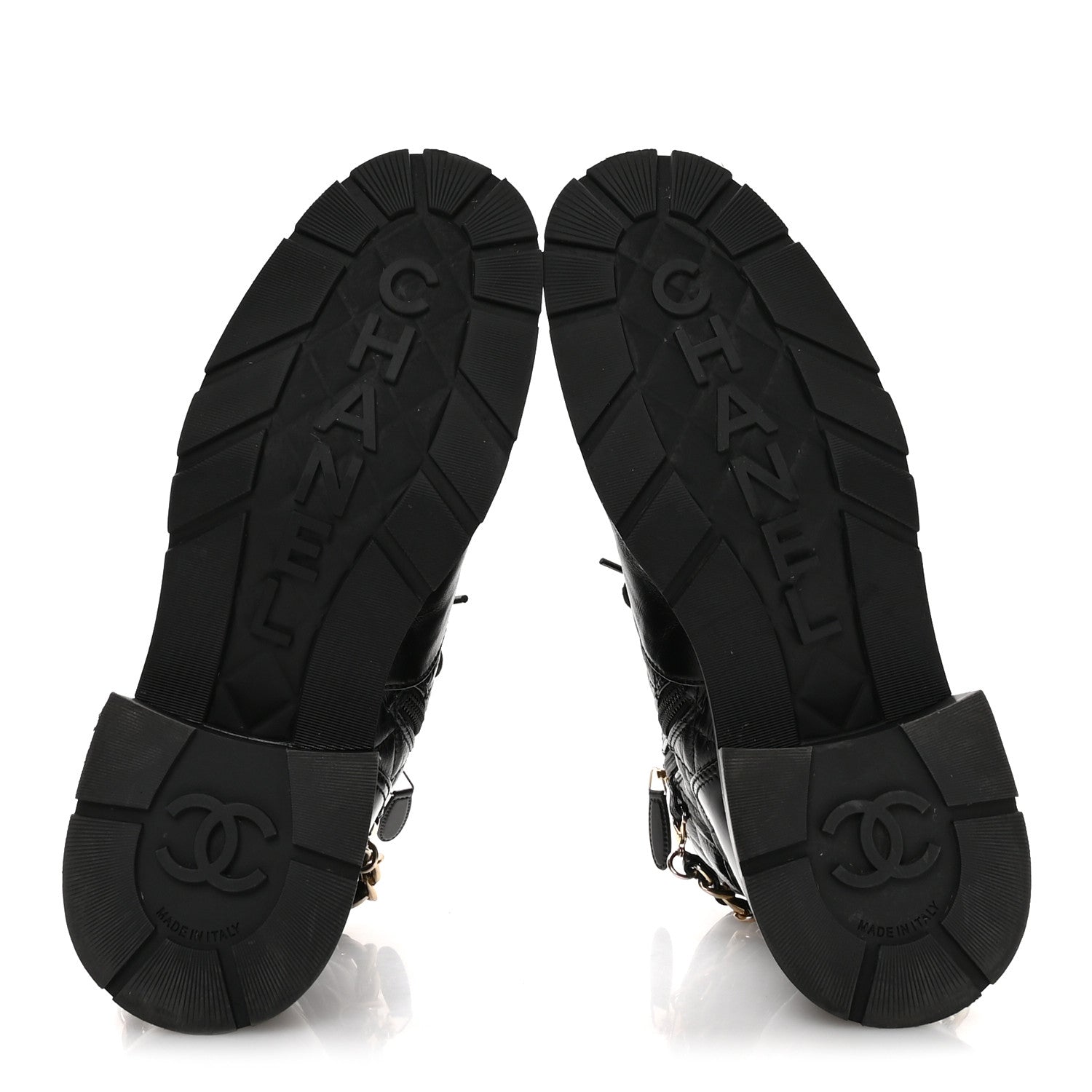 Chanel Shiny Calfskin Patent Quilted Chain Lace Up Combat Boots 40.5 Black