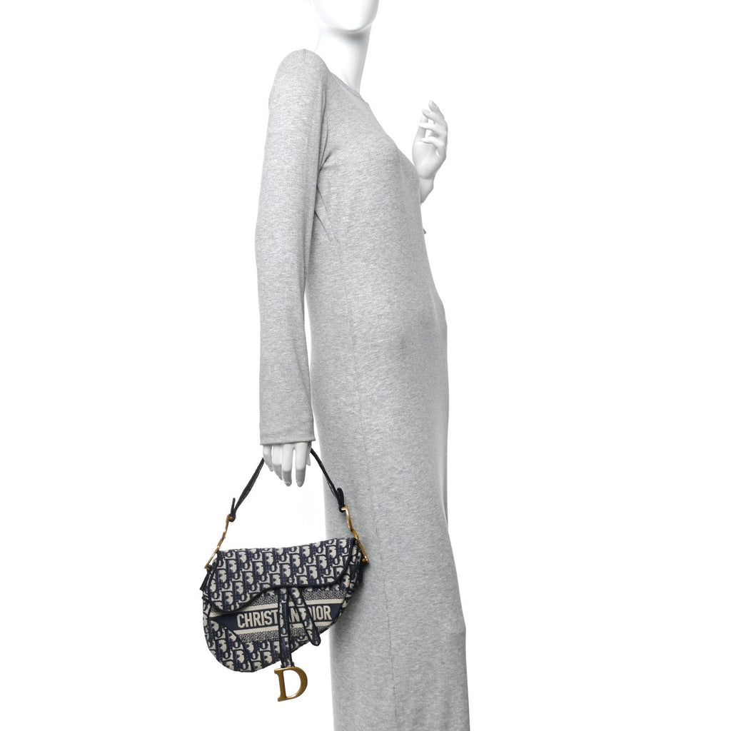 Christian Dior Oblique Embroidered Saddle Bag Blue