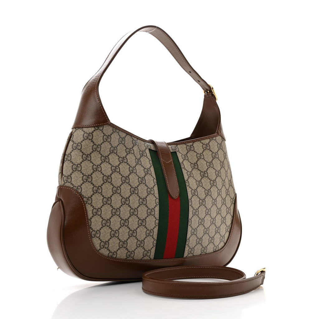 Gucci GG Supreme Monogram Azalea Calfskin Web Medium Jackie 1961 Hobo Beige Ebony Brown Sugar