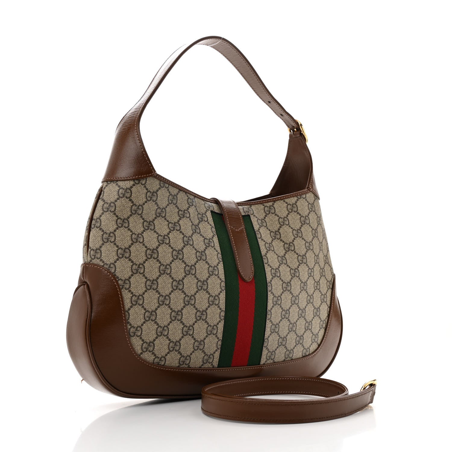 Gucci GG Supreme Monogram Azalea Calfskin Web Medium Jackie 1961 Hobo Beige Ebony Brown Sugar