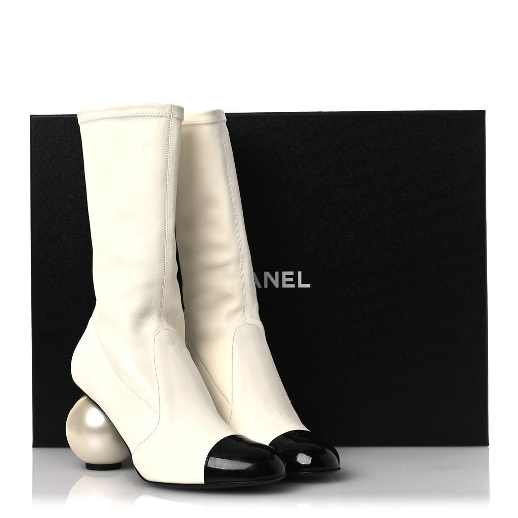 Chanel Stretch Lambskin Patent Cap Toe Pearl Ball Mid Calf Boots 39 White Black