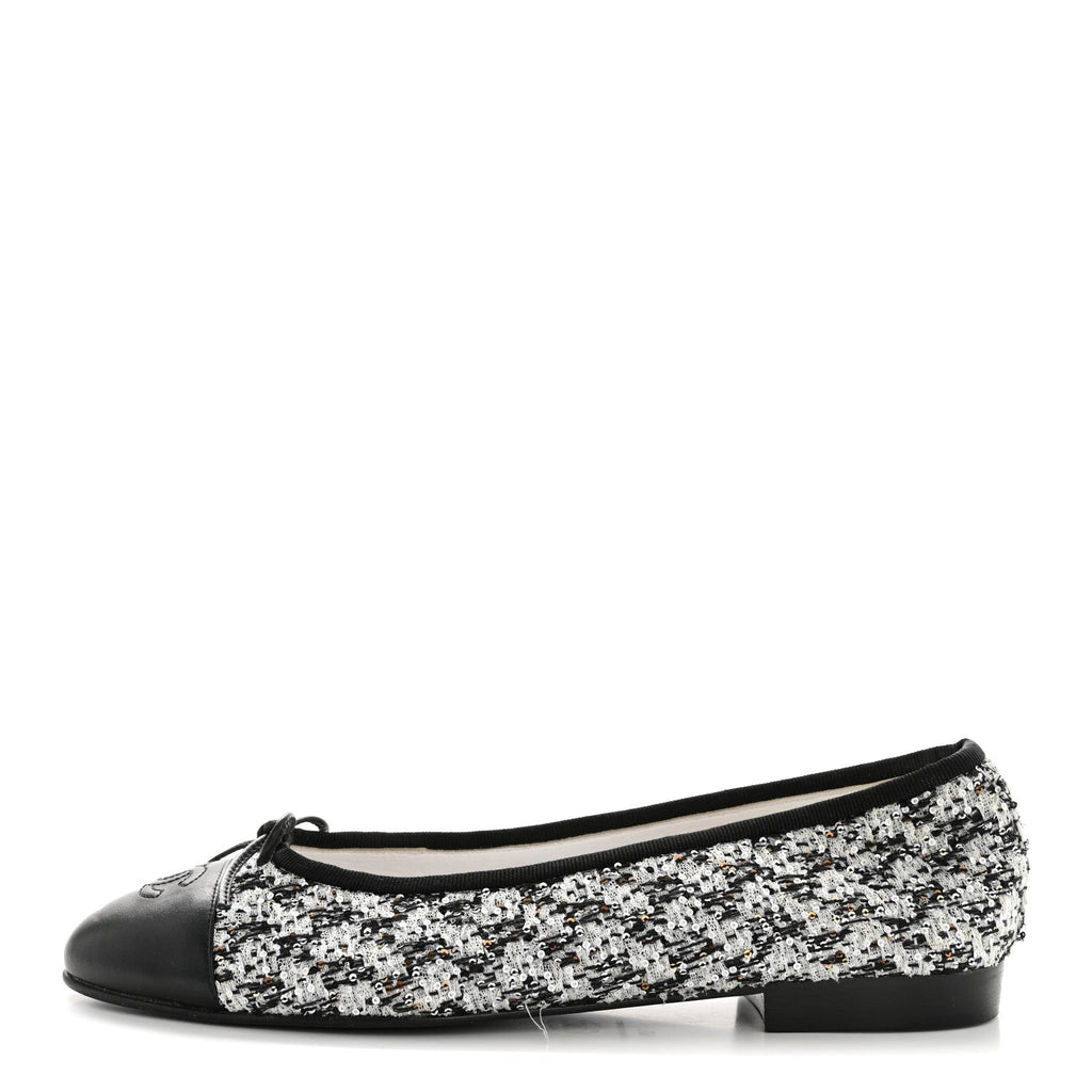 Chanel Tweed Sequin Lambskin Cap Toe Ballerina Flats 39 Black
