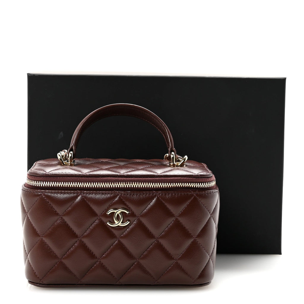 Chanel Lambskin Quilted Small Top Handle Vanity Case With Chain Dark Brown
