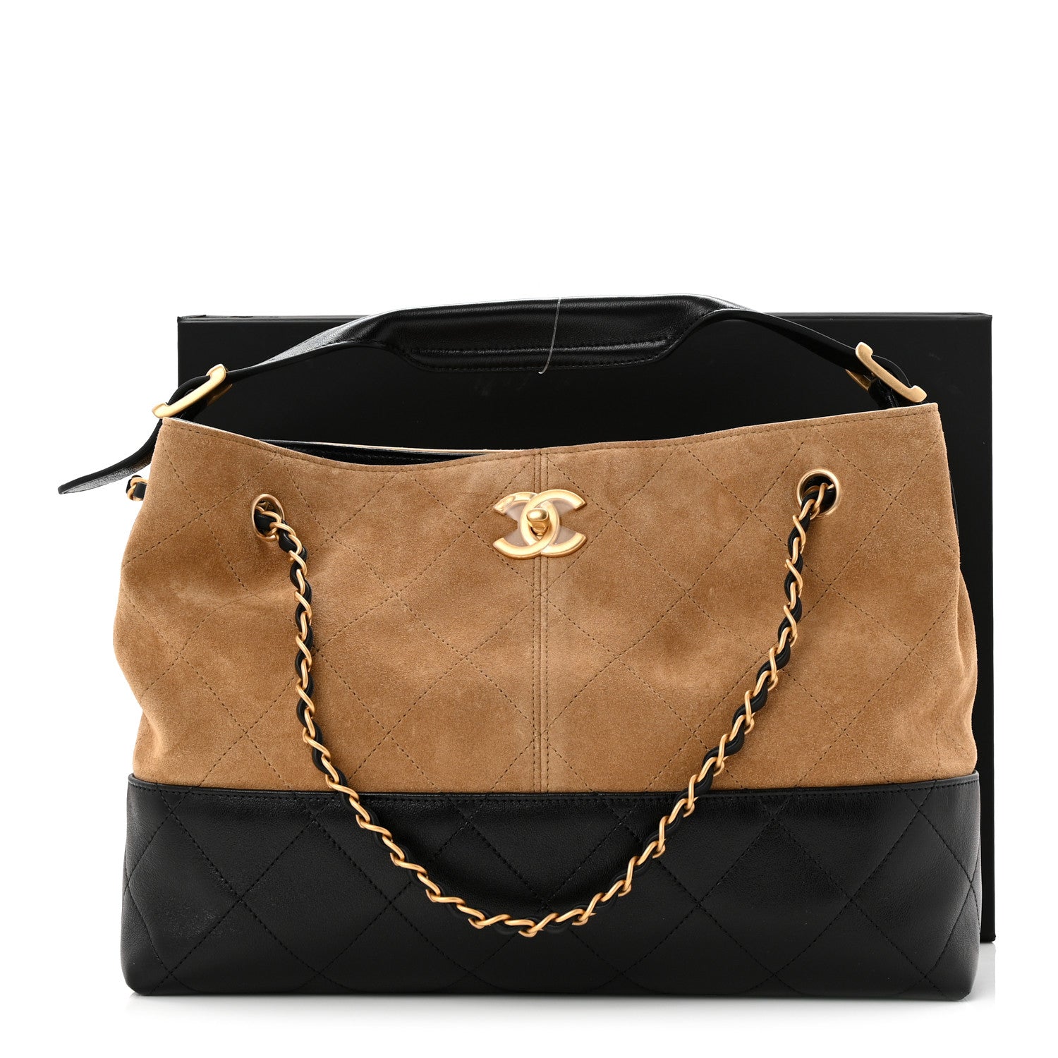 Chanel Suede Calfskin Shiny Lambskin Quilted Small Coco Base Shopping Bag Beige Black