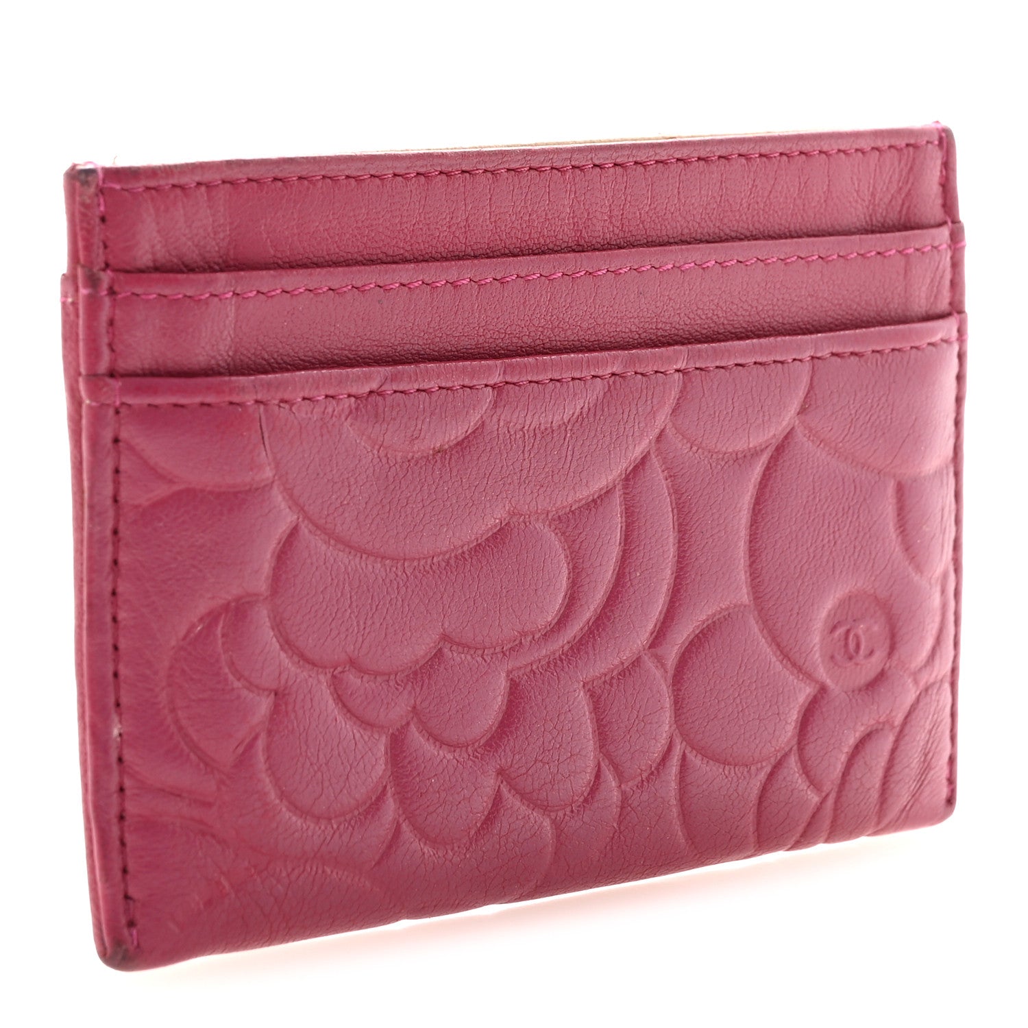 Lambskin Camellia Embossed Card Holder Fuchsia