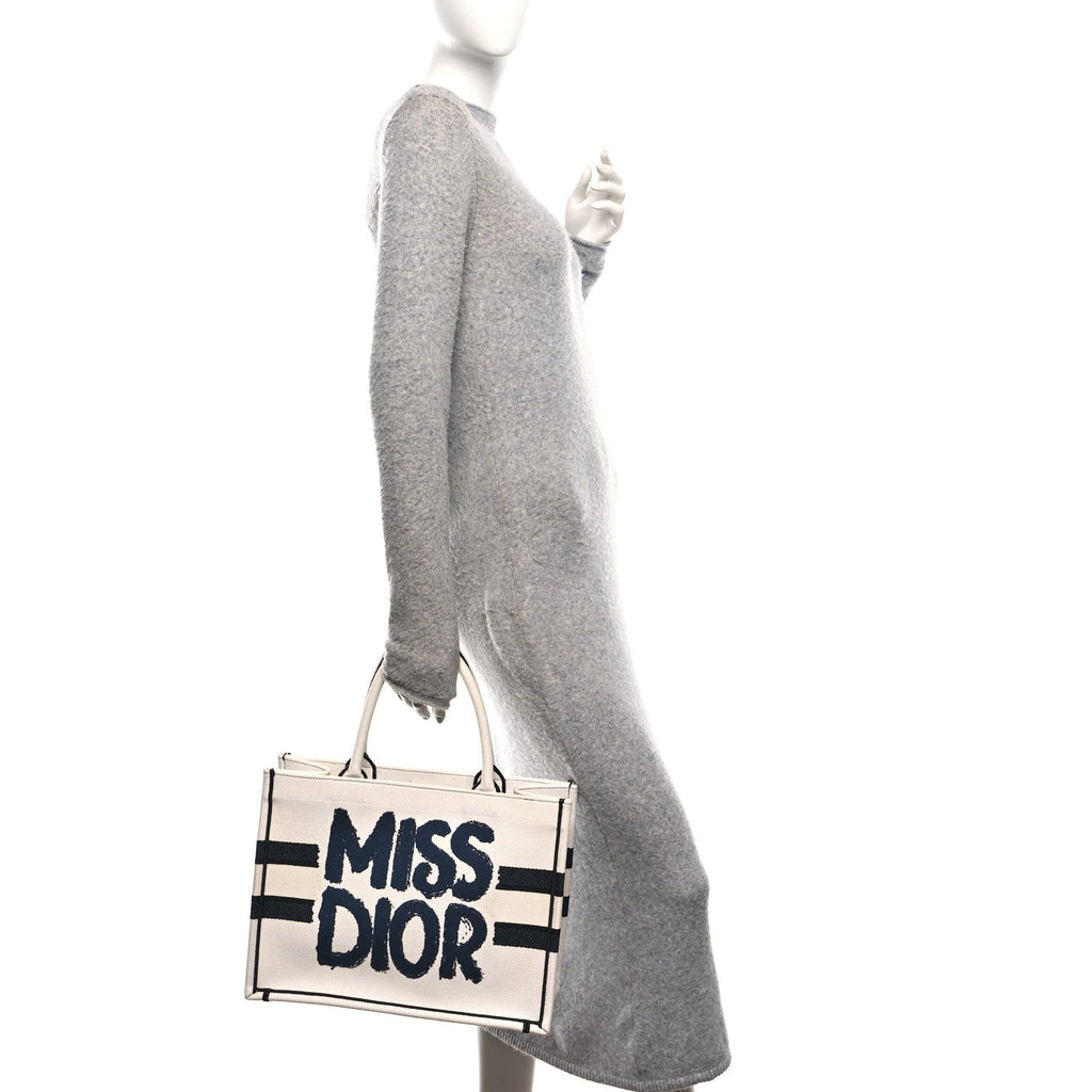 Christian Dior Canvas Embroidered Medium Miss Dior Graffiti Book Tote Navy White