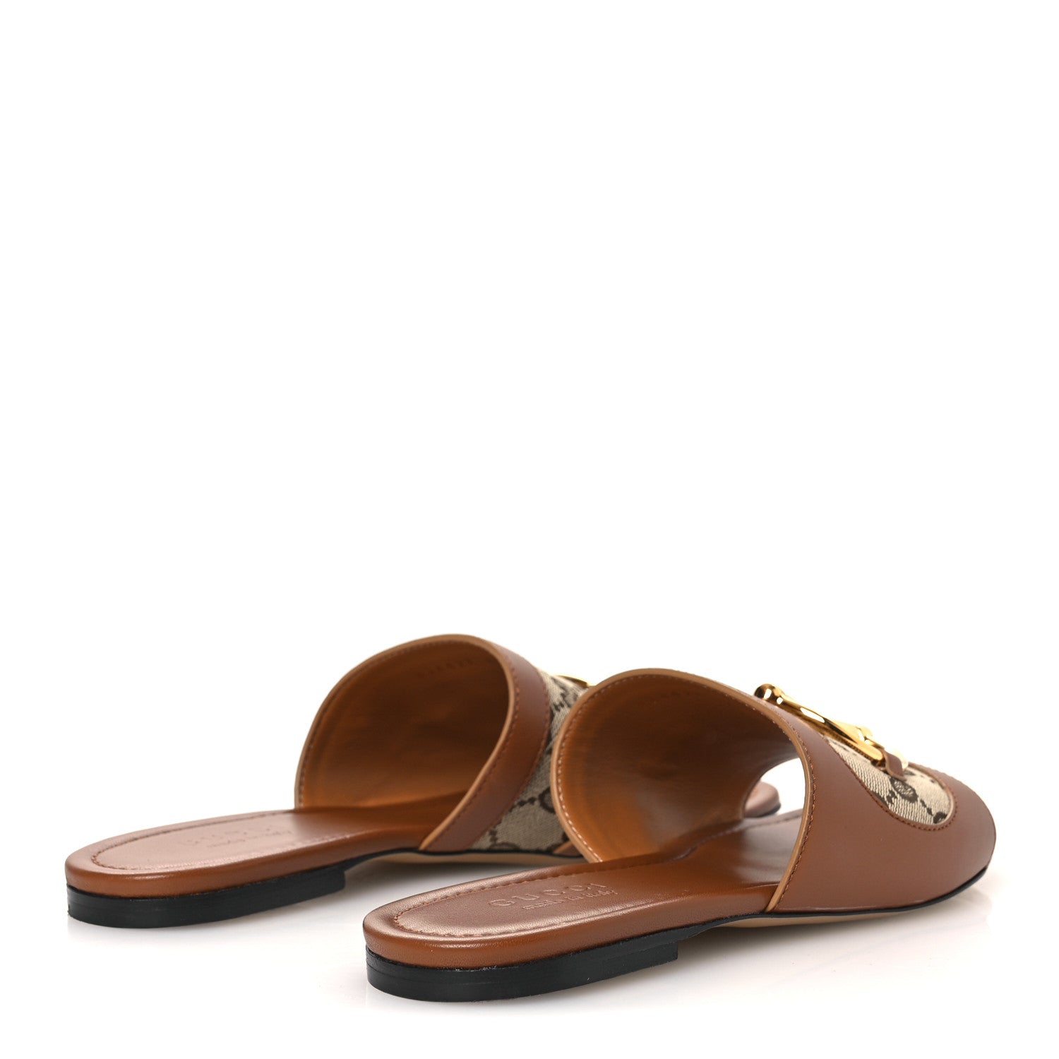 Gucci Calfskin Monogram Horsebit Womens Slide Sandals 37 Beige Ebony Sundial