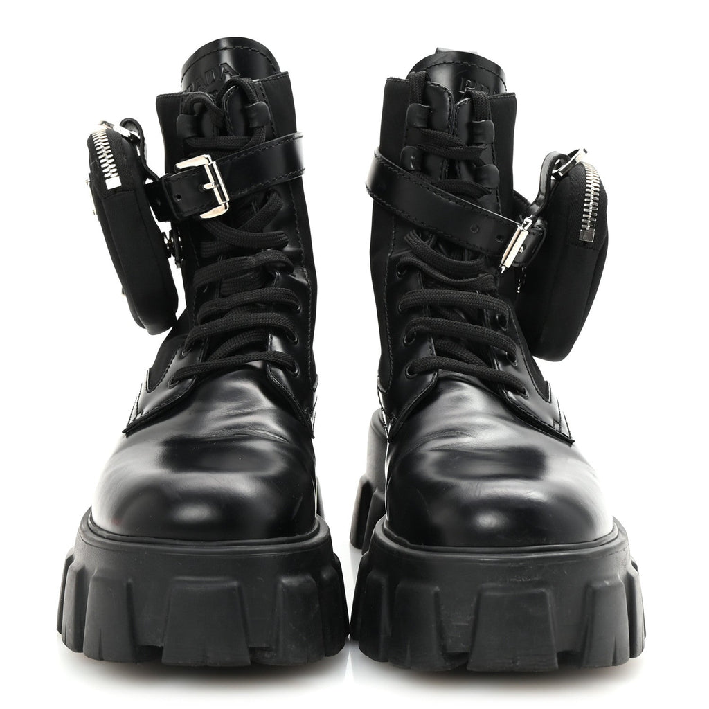 Prada Spazzolato Rois Nylon Metal Triangle Logo Monolith Pouch Pocket 55mm Boots 38 Black