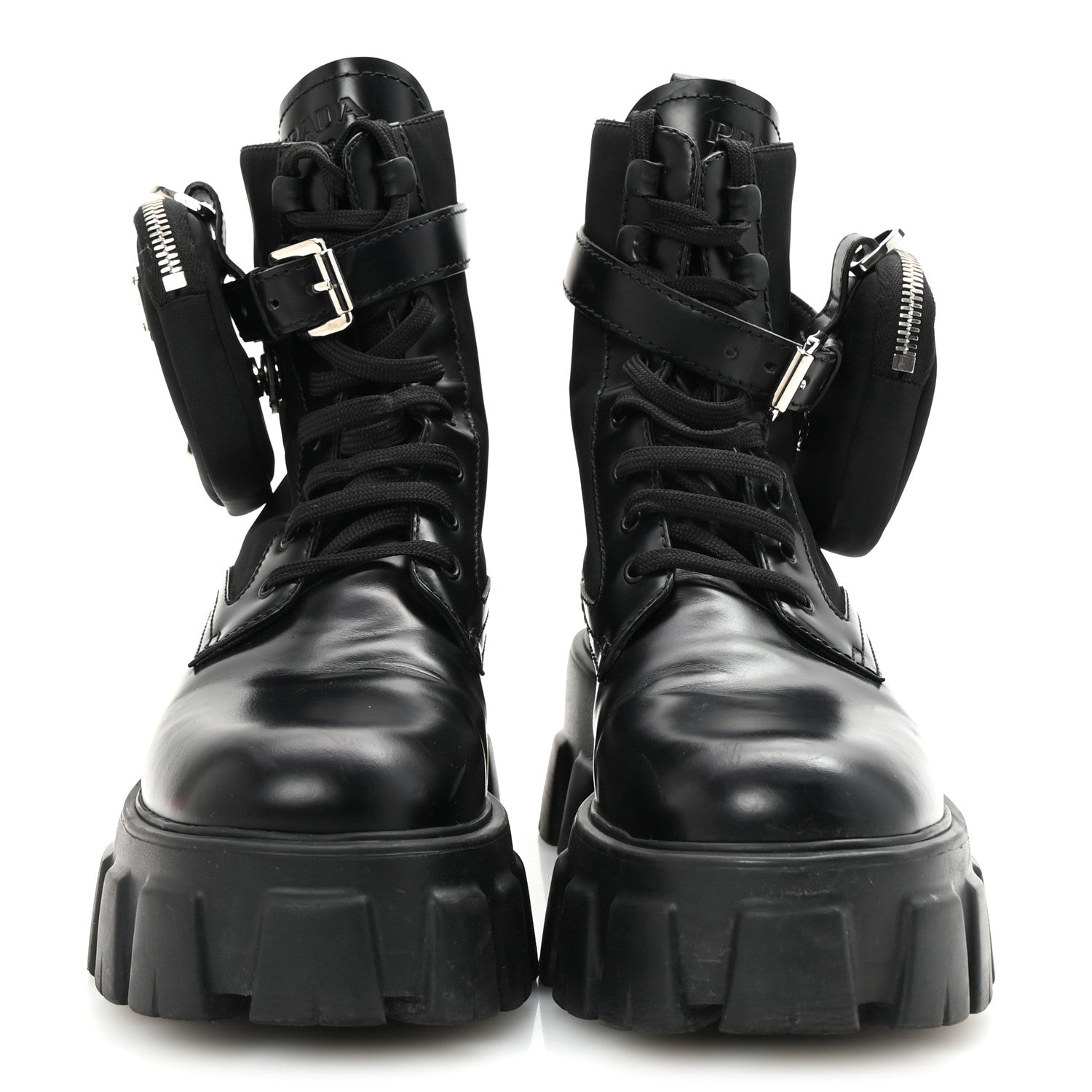 Prada Spazzolato Rois Nylon Metal Triangle Logo Monolith Pouch Pocket 55mm Boots 38 Black