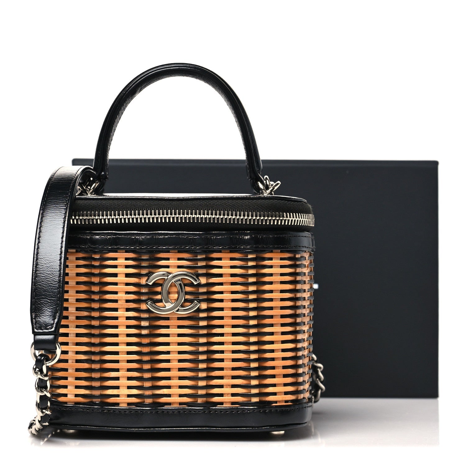 Chanel Calfskin Raffia Small Vanity Case Bag Black Beige