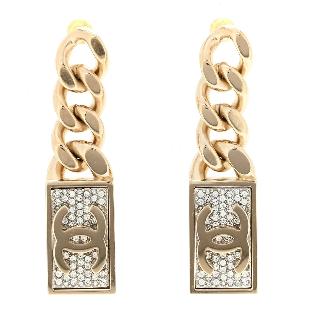 Crystal Dog Tag Charm Earrings Gold
