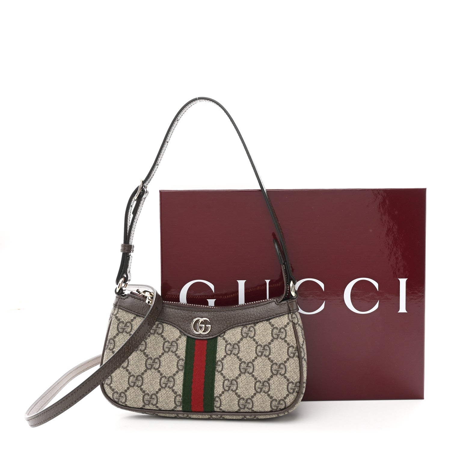 Gucci GG Supreme Monogram Textured Dollar Calfskin Web Mini Ophidia Shoulder Bag Beige Ebony New Acero