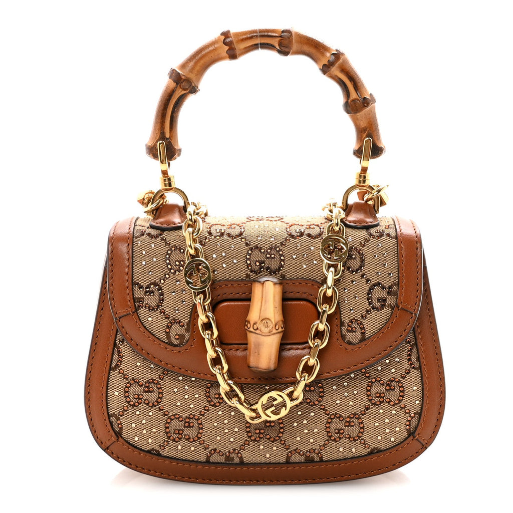 Gucci New Canvas Charisma Calfskin Crystal GG Monogram Small Bamboo 1947 Top Handle Bag Camel Ebony