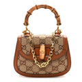 Gucci New Canvas Charisma Calfskin Crystal GG Monogram Small Bamboo 1947 Top Handle Bag Camel Ebony
