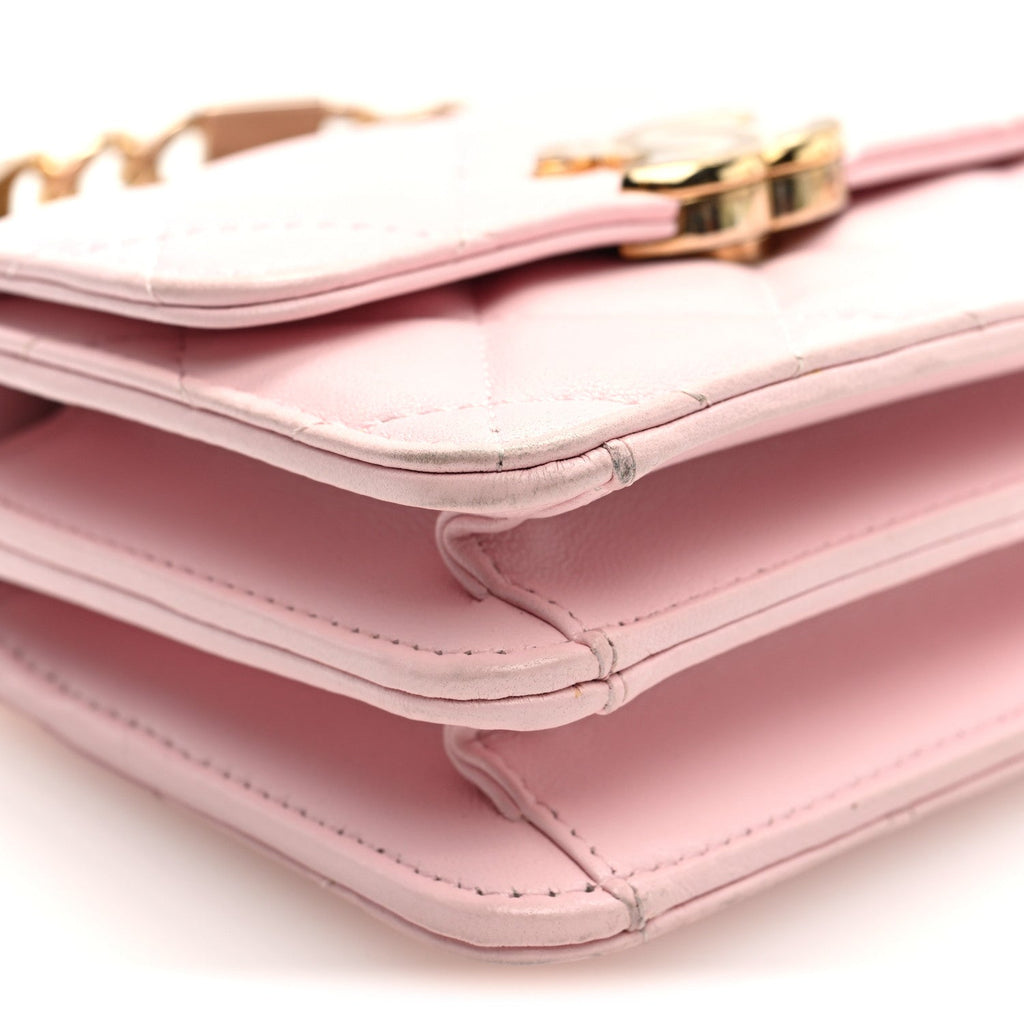 Chanel Lambskin Quilted Pick Me Up Clutch With Chain Pink