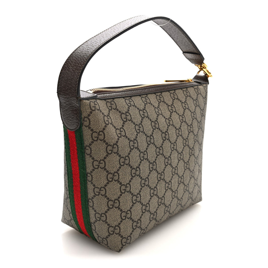 Gucci GG Supreme Monogram Textured Calfskin Web Super Mini Ophidia Shoulder Bag Beige Ebony New Acero