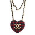 Chanel Tweed Lambskin CC Heart Mirror Locket Necklace Gold Grey Red Black