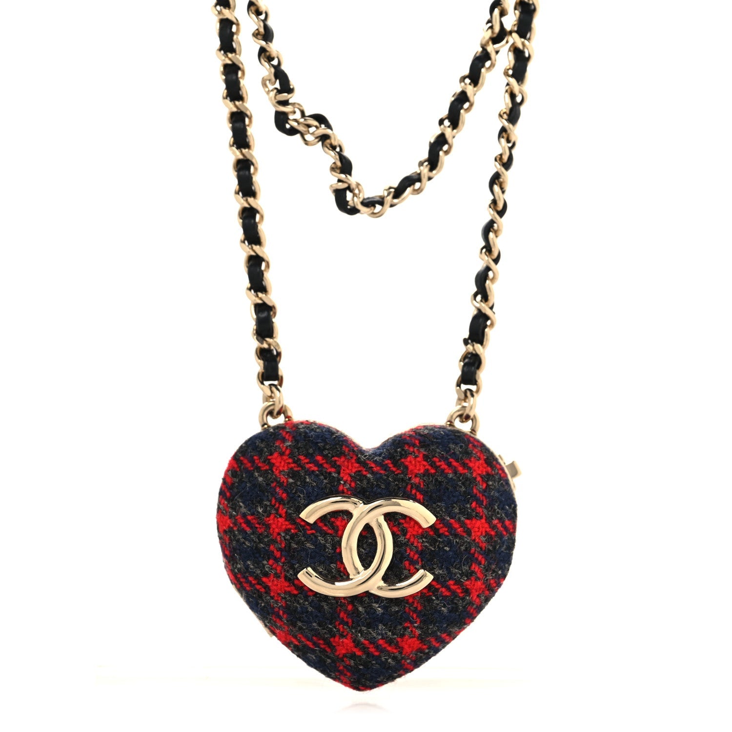 Chanel Tweed Lambskin CC Heart Mirror Locket Necklace Gold Grey Red Black