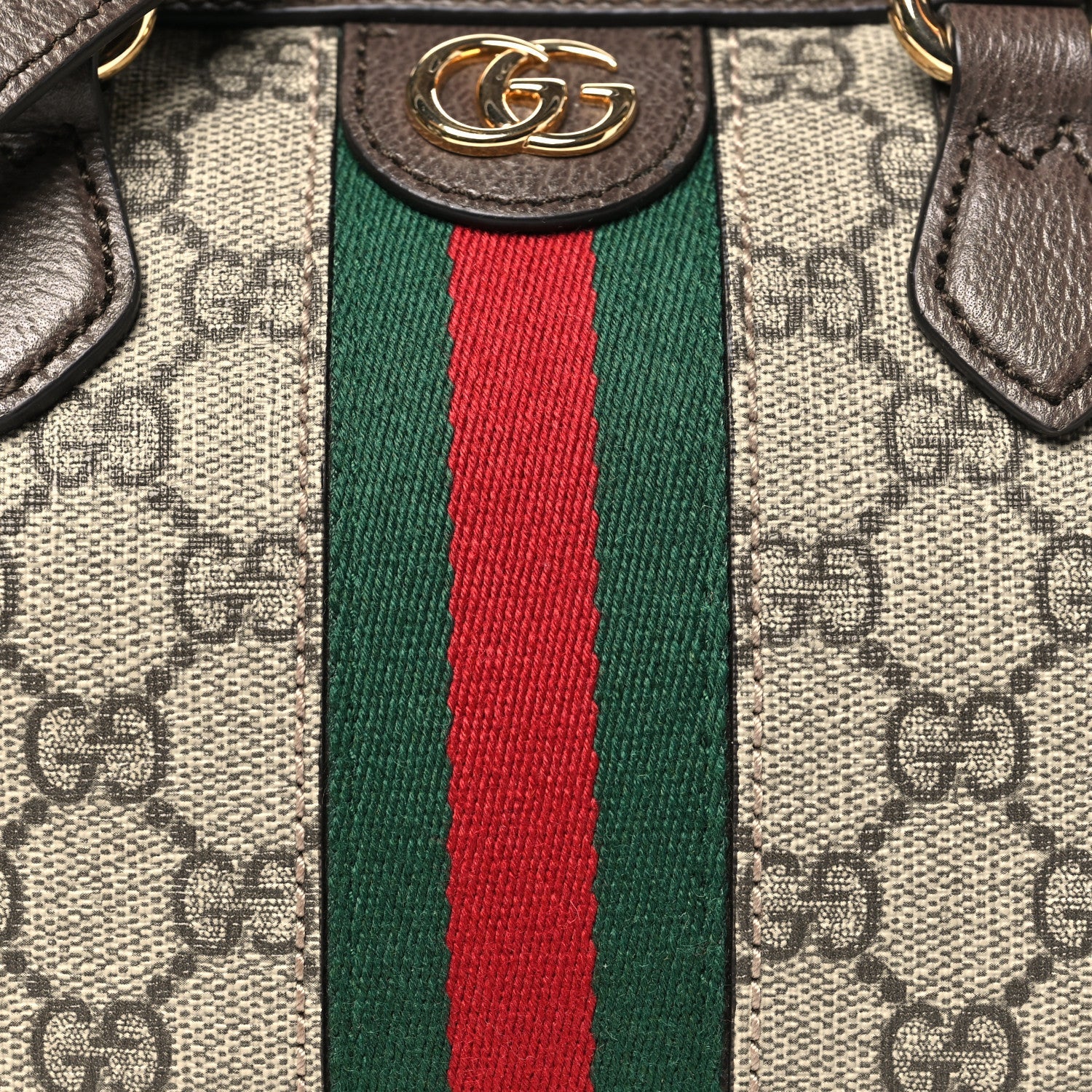 Gucci GG Supreme Monogram Textured Dollar Calfskin Web Mini Ophidia Top Handle Bowler Bag Beige Ebony New Acero