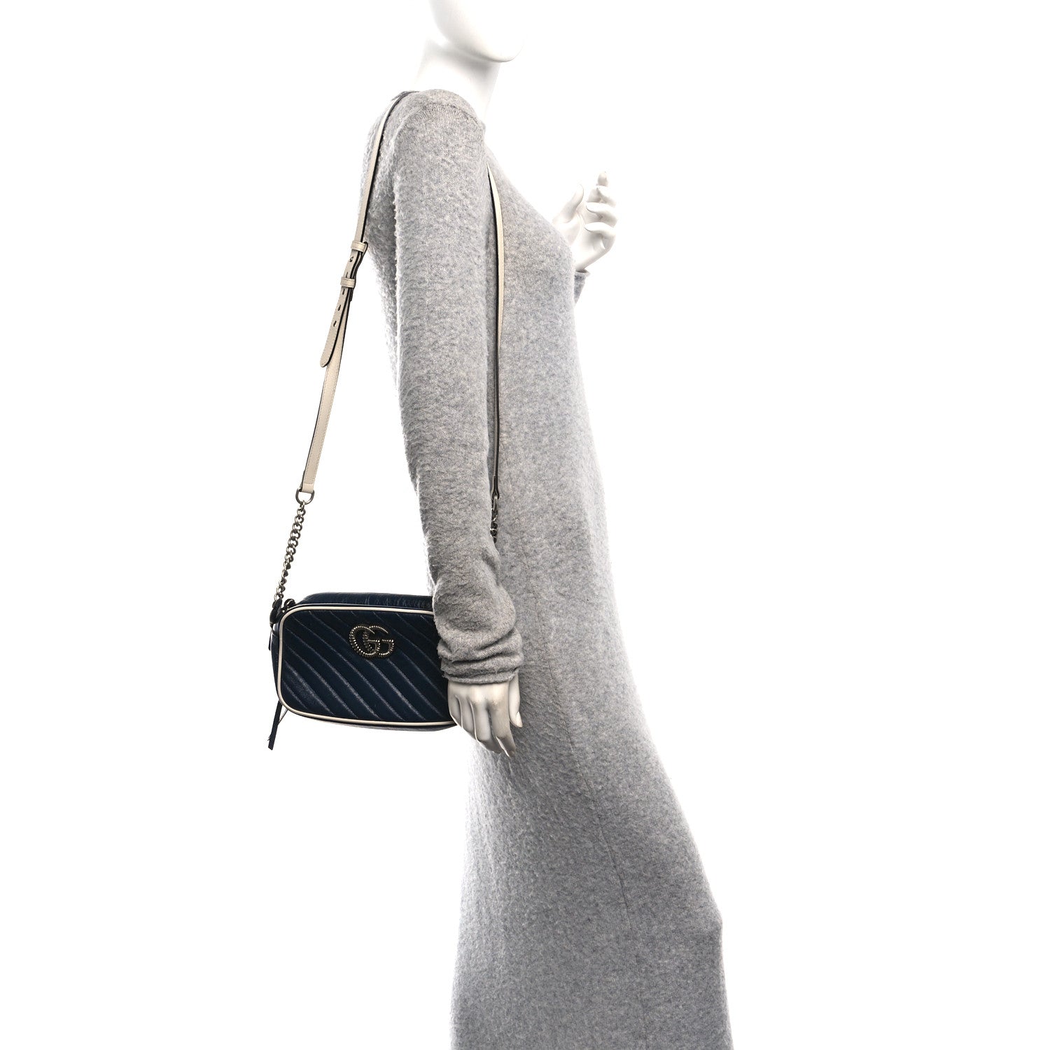 Gucci Vintage Effect Calfskin Matelasse Diagonal Small Torchon GG Marmont Chain Shoulder Bag Blue Agata Mystic White