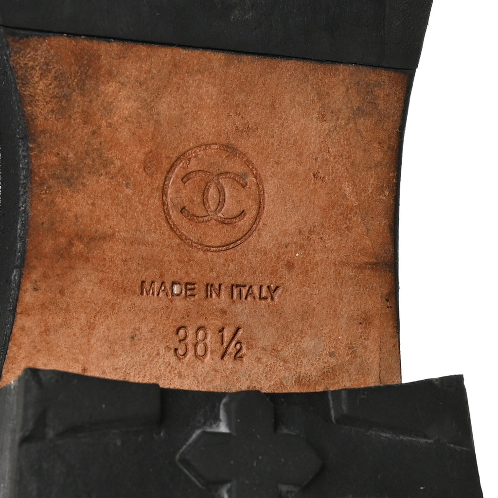 Chanel Sheepskin Quilted CC Tall Lace Up Combat Boots 38.5 Black